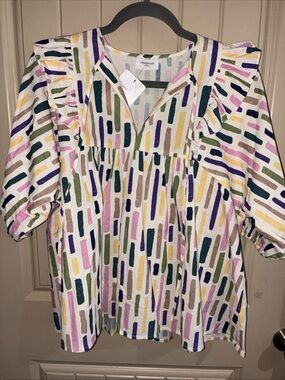 Anniewear Multicolor Brushstroke Ruffle-Sleeve Tunic in Cream
